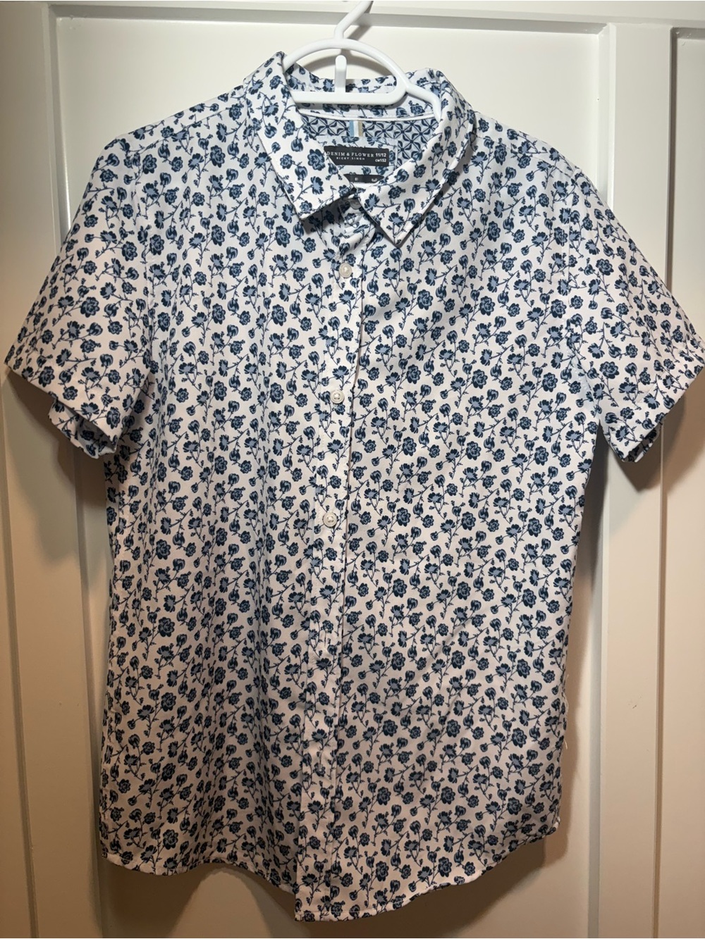 Denim & Flower White Button-Down Shirt with Blue Floral Print